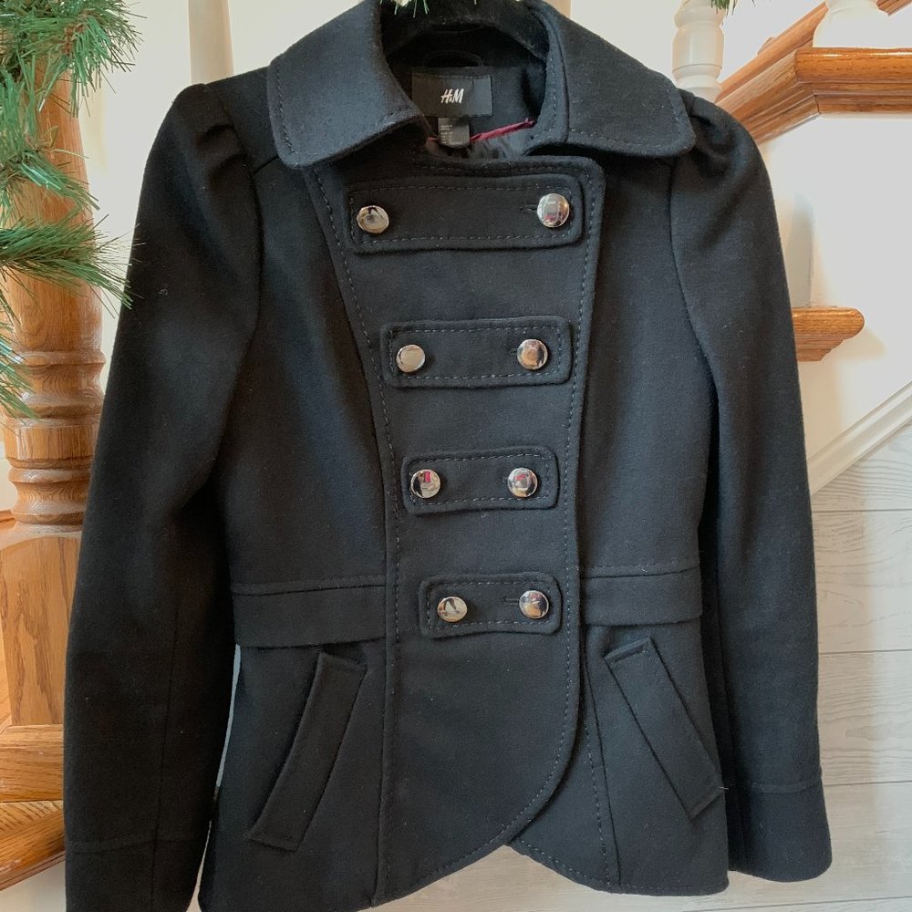 H&M Black Wool Button Down Peacoat